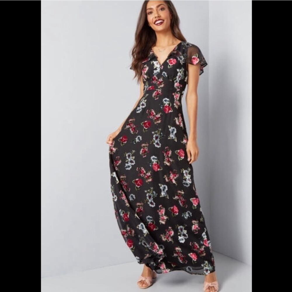 ModCloth x Anna Sui Black&Pink Floral Velvet Burnout Maxi Dress Sz.4